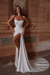 Strapless Corset Mermaid Wedding Dress Satin Simple Bridal Gown with Slit