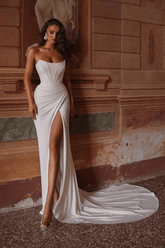 Strapless Corset Mermaid Wedding Dress Satin Simple Bridal Gown with Slit