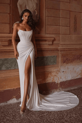 Strapless Corset Mermaid Wedding Dress Satin Simple Bridal Gown with Slit