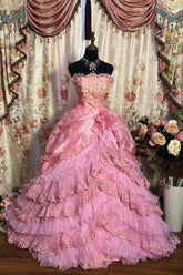 Strapless Pink Tiered Quinceanera Dress 3D Flowers Birthday Party Dress Formal Gown For Sweet 16