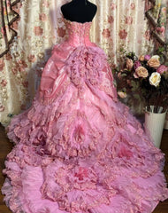 Strapless Pink Tiered Quinceanera Dress 3D Flowers Birthday Party Dress Formal Gown For Sweet 16