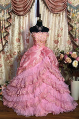 Strapless Pink Tiered Quinceanera Dress 3D Flowers Birthday Party Dress Formal Gown For Sweet 16