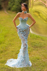 Strapless Prom Dress Tulle Mermaid Evening Dress with 3D Flowers