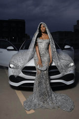 Strapless Silver Prom Dress Sequined Tulle Mermaid Formal Evening Dress