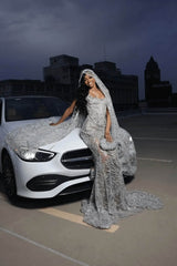 Strapless Silver Prom Dress Sequined Tulle Mermaid Formal Evening Dress