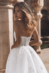 Dreamyannie Strapless Beach Wedding Dress Corset Lace Appliques Bridal Gown with Detachable Train