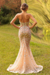 Strapless Prom Dress Mermaid Rhinestones Champagne Evening Dress