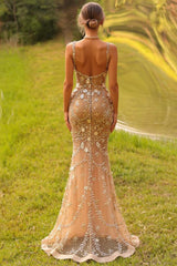 Champagne Prom Dress Spaghetti Straps Rhinestones Mermaid Evening Dress