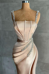 Straps Beadings Long Mermaid Prom Dress Split Evening Gowns