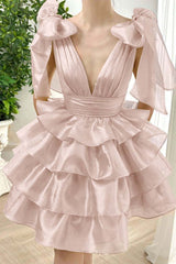 Straps V Neck Graduation Dress Sleeveless Short Cocktail Dress With Ruffles