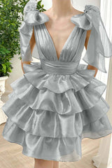 Straps V Neck Graduation Dress Sleeveless Short Cocktail Dress With Ruffles