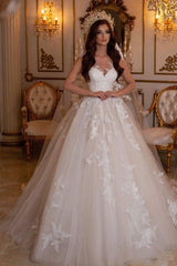 Stunning A Line Bateau Neck Tulle Floor Length Wedding Dress with Lace Appliques