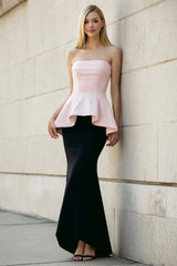 Stunning Black And Pink Strapless Long Mermaid Prom Dress With Ruffles