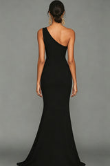 Stunning Black Mermaid One Shoulder Long Satin Prom Dress With Slit