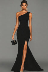 Stunning Black Mermaid One Shoulder Long Satin Prom Dress With Slit