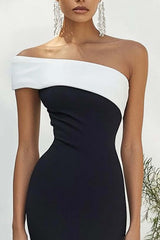 Stunning Black White One Shoulder Long Satin Prom Dress
