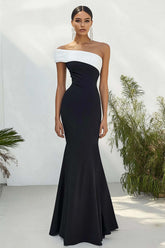 Stunning Black White One Shoulder Long Satin Prom Dress