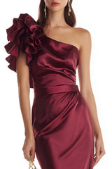 Stunning Burgundy One Shoulder Mermaid Long Satin Prom Dress With 3D Flower