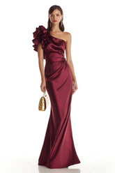 Stunning Burgundy One Shoulder Mermaid Long Satin Prom Dress With 3D Flower
