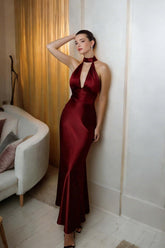 Stunning Burgundy Sheath Halter Long Satin Prom Dress