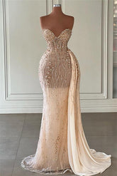 Stunning Champagne Mermaid Evening Dress with Sweetheart Sleeveless Beadings and Ruffles