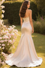 Stunning Champagne Mermaid Sweetheart Long Satin Prom Dress