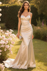 Stunning Champagne Mermaid Sweetheart Long Satin Prom Dress