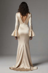 Stunning Champagne Satin Mermaid Flare Sleeves Long Evening Dress With Slit