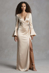 Stunning Champagne Satin Mermaid Flare Sleeves Long Evening Dress With Slit