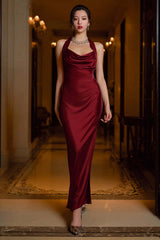 Stunning Dark Green Halter Sheath Long Satin Prom Dress