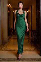 Stunning Dark Green Halter Sheath Long Satin Prom Dress
