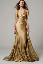 Stunning Gold V-Neck Ruched Mermaid Long Prom Dress