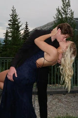 Stunning Mermaid Spaghetti Straps Navy Blue Long Prom Dress With Split Front Formal Evening Gown