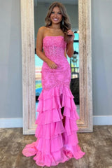 Stunning Mermaid Strapless Zipper Back Lace Corset Prom Dress With Ruffle Skirt Formal Evening Gown