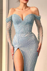 Stunning Off The Shoulder Mermaid Evening Dress Long Sleeves with Sweetheart Beadings