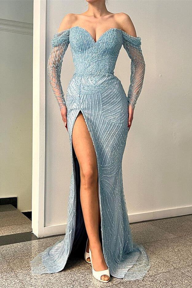 Stunning Off The Shoulder Mermaid Evening Dress Long Sleeves with Sweetheart Beadings