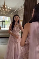 Stunning Pink Prom Dress Beaded Lace Appliqued Corset Tulle Evening Dress with Watteau Train