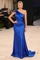 Stunning Royal Blue One Shoulder Mermaid Long Gala Dress With 3D Flower