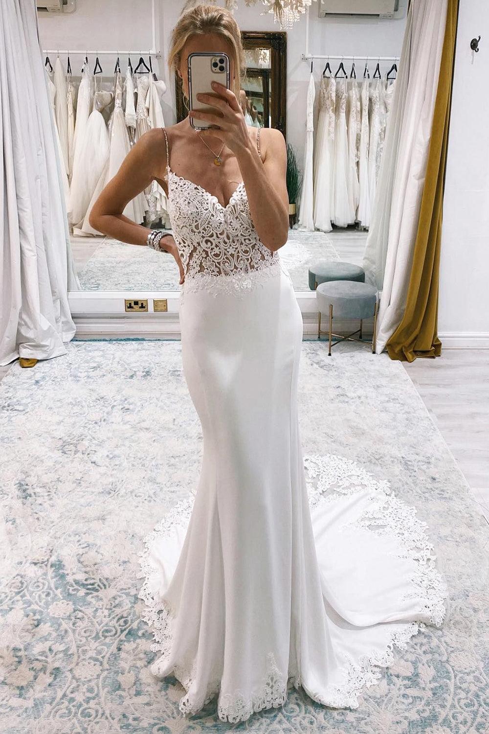 Stunning White Mermaid Sweep Train Boho Beach Wedding Dress with Lace
