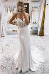 Stunning White Mermaid Sweep Train Boho Beach Wedding Dress with Lace