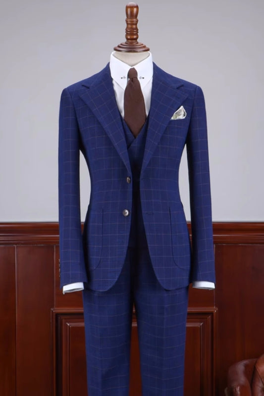 Stylish Dark Blue Plaid Notched Lapel 3 Piece Business Suit