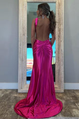 Stylish Fuchsia Metallic Mermaid Prom Dress With Slit And Open Back Formal Evening Gown
