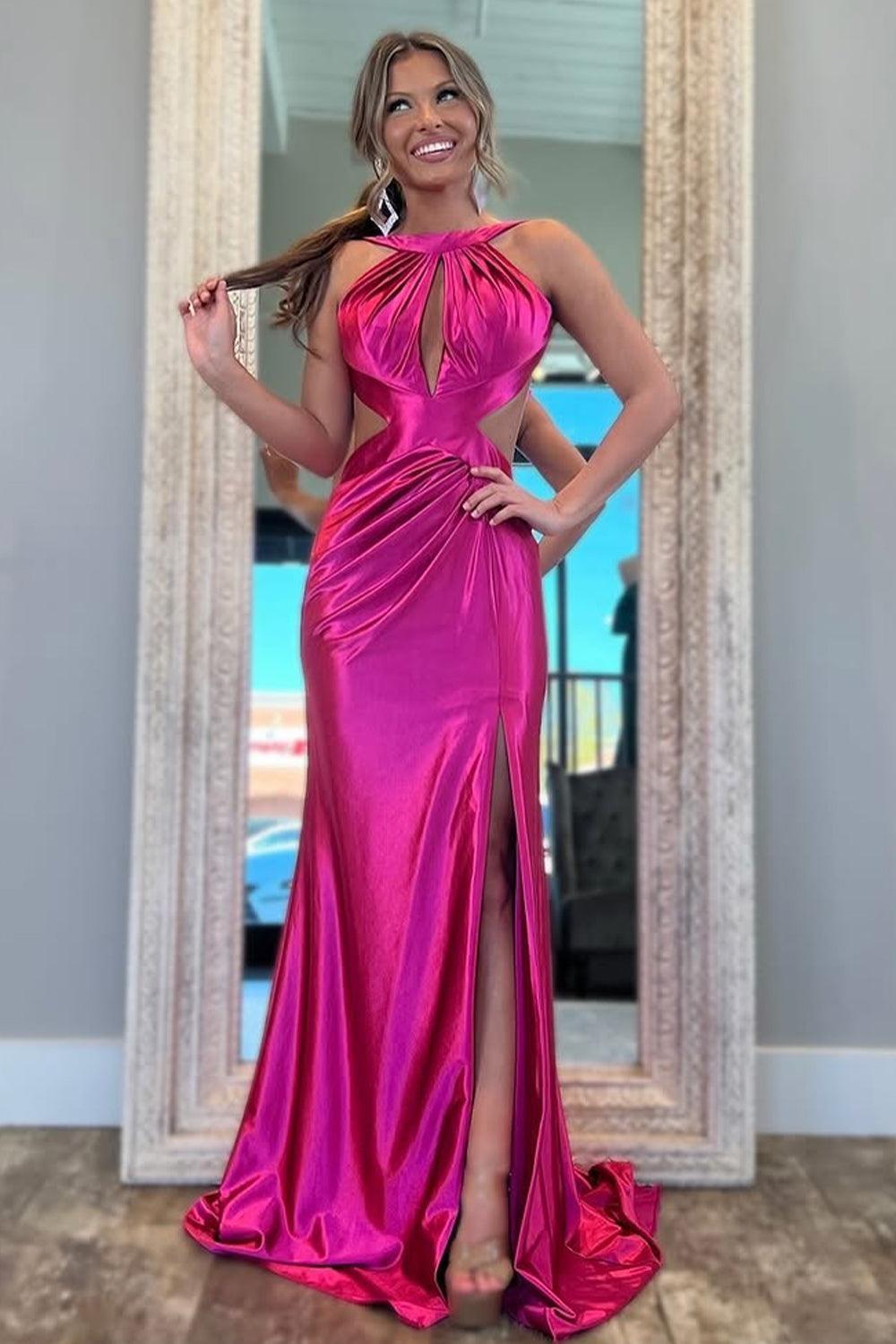 Stylish Fuchsia Metallic Mermaid Prom Dress With Slit And Open Back Formal Evening Gown