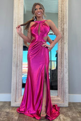 Stylish Fuchsia Metallic Mermaid Prom Dress With Slit And Open Back Formal Evening Gown