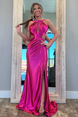 Stylish Fuchsia Metallic Mermaid Prom Dress With Slit And Open Back Formal Evening Gown