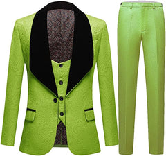 Stylish Green 3 Piece Jacquard Wedding Suit with Black Velvet Shawl Lapel