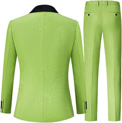 Stylish Green 3 Piece Jacquard Wedding Suit with Black Velvet Shawl Lapel