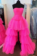 Stylish High Low Strapless Fuchsia Prom Dress Evening Dress with Ruffles
