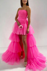 Stylish High Low Strapless Fuchsia Prom Dress Evening Dress with Ruffles