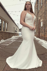 Stylish Mermaid Satin White Spaghetti Straps Long Plus Size Beach Wedding Dress with Button